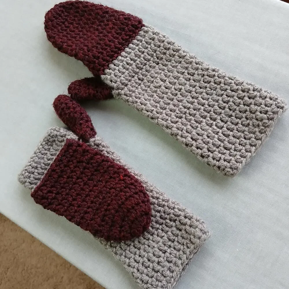 Convertible Crochet Fingerless Mitten Gloves adult size two-tone neutral premade